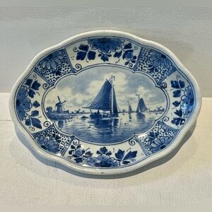 Vintage Delft Blue Plate Trinket Dish Hand Painted Sailboats Windmills